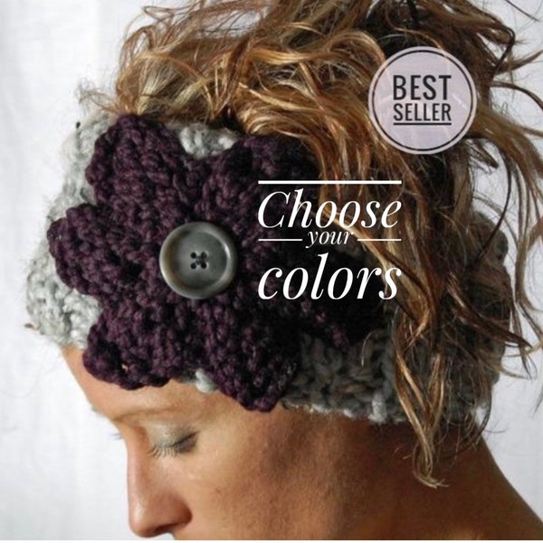 Knit wool earwarmer headband with flower / knitted headbands turban wrap / ear warmer with buttons / stocking stuffers for women / gift idea