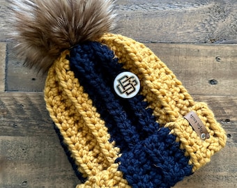 Throwback Green Bay football Team hat / packer gear  / Football hat / chunky crochet winter hat / holiday gift navy