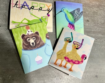 Assorted greeting card pack | all occasion cards set notecards with envelopes  | blank inside | cute quirky animal cards | original art