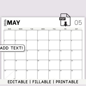 Calendrier mai 2026 PDF imprimable | Modèle d'agenda modifiable à remplir | Organiseur de devoirs pour l'école des enfants | Bureau à domicile | Téléchargement instantané
