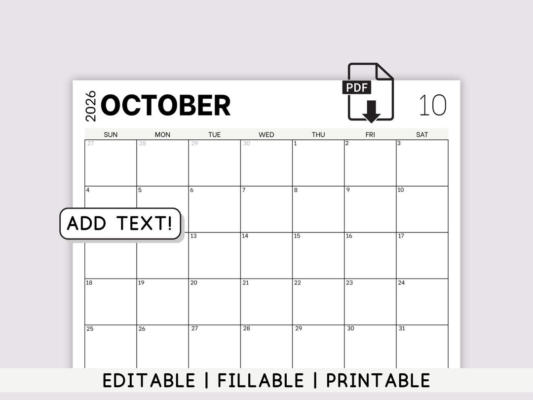 October 2026 Calendar Printable PDF | Editable Fillable Planner ...