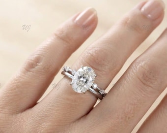 2 Karat Oval Moissanit Verlobungsring Set Weißgold Diamant Verlobungsring Vintage runde Ehering Braut-Set Versprechen Jahrestag Geschenk