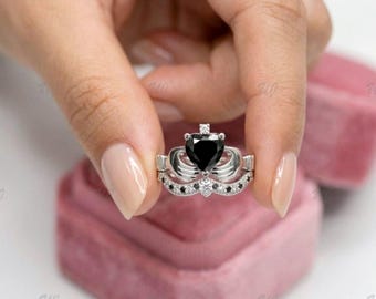 Anillo Claddagh de dos piezas de plata de ley 925 con corona en forma de corazón y ónix, anillo de promesa irlandés, anillo de compromiso con moissanita maciza en forma de corazón.