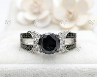Anillo de compromiso con diamante de ónix negro de talla redonda de 0,70 ct, plata de ley 925, anillo de diamante negro, anillo de diamante de laboratorio, regalo único para ella