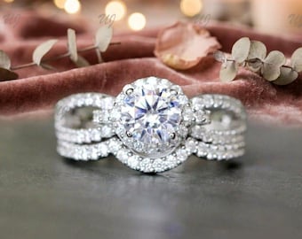 1.94Ct Round Cut Moissanite Enhancer Guard Band, 925 Sterling Silver, Halo Stackable, Engagement Wedding Bridal Gift Ring Set