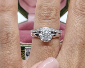 Anillo de compromiso solitario de oro blanco de 14 quilates, conjunto de anillos de boda únicos con diamantes y moissanita, conjunto de anillos de compromiso, conjunto de anillos dobles, anillo de aniversario.
