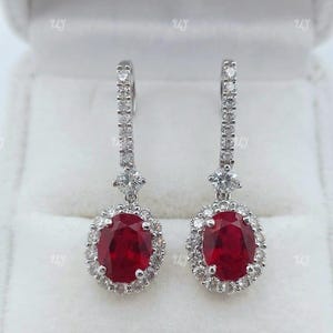 Eternity 1.5ct Ruby Oval Halo 925 Sterling Silver Pave Drop Earrings, Ruby Women's Drop & Dangle Halo Earrings