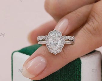 Daisy Oval Halo Förlovningsring Set, vitguld, vintageinspirerad Lab Grown Diamond i 14k vitguld