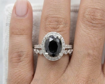 Ovaal geslepen zwarte onyx verlovingsringset, mooie zwarte stenen ring, halo trouwdagringset, zwarte onyx ringset