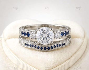 Blauwe en witte ronde geslepen CZ stenen ringset, stapelbare 2-delige trouwringset, bruiloft verlovingsringset, jubileumcadeau voor vrouw