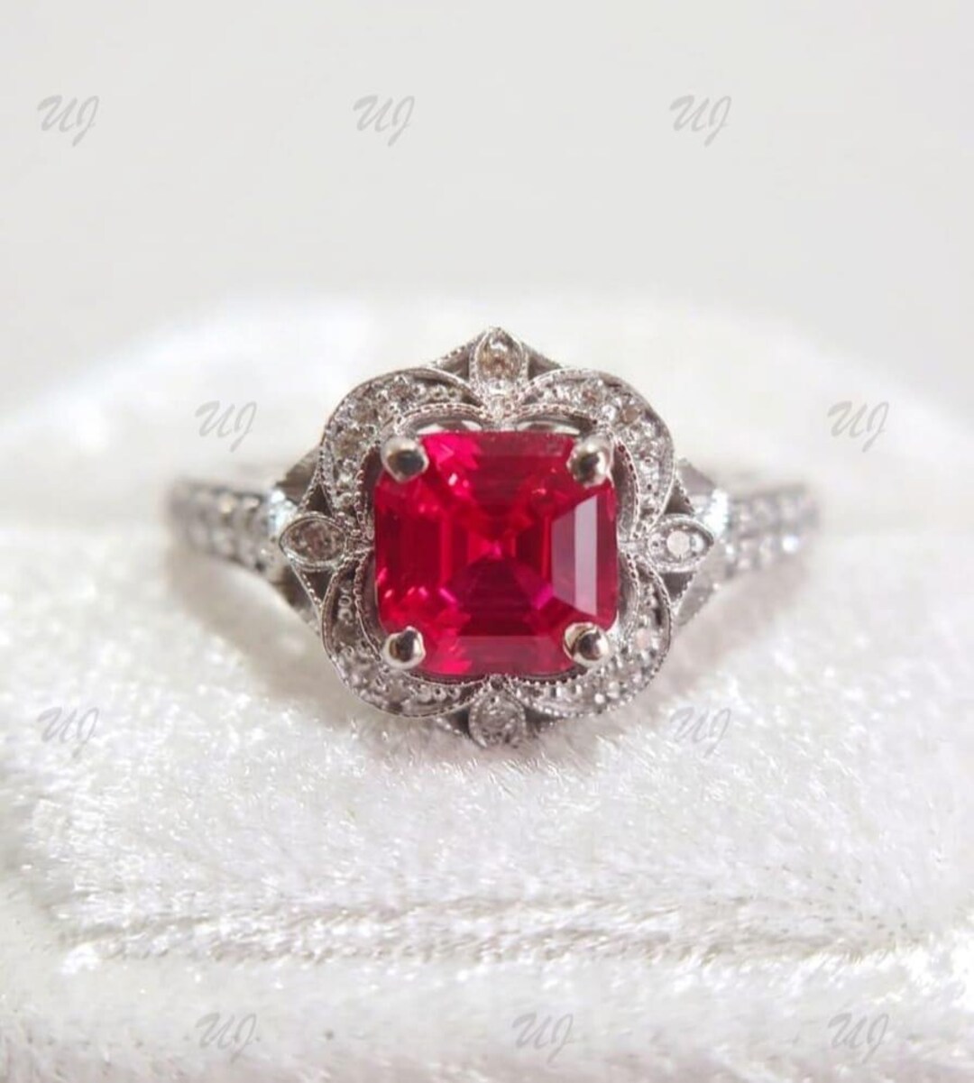 1.00 Ct Red Ruby Asscher Cut Diamond Wedding Engagement Ring in 925 ...