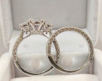 Vintage Moissanite Engagement Ring Set 925 Sterling Silver Filigree Art Deco Wedding Band Peekaboo Birthstone Engagement Ring Set for her