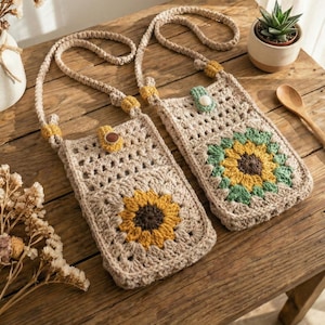 May include: Two rectangular crochet crossbody bags made of beige yarn, each featuring a central sunflower motif with yellow petals and a dark brown centre. The bags have long braided straps and a single button closure at the top centre.