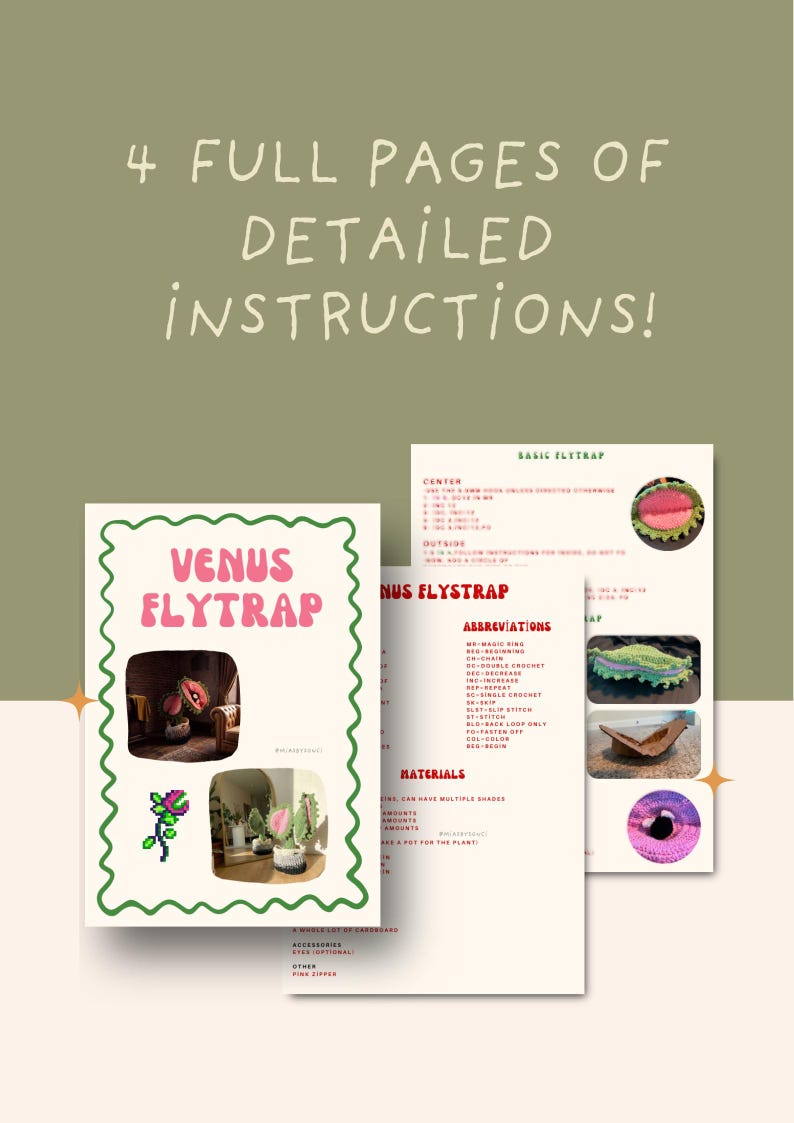 May include: A craft instruction sheet titled "Venus Flytrap" with detailed instructions. The image shows four pages of instructions, with the title in pink and green. The background is a light olive green.