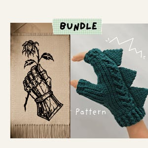 May include: A bundle featuring a beige crochet wall hanging with a black graphic of a gauntlet holding a rose and a pair of dark teal fingerless crochet gloves with a textured cable knit design and spiked detailing along the outer edge.