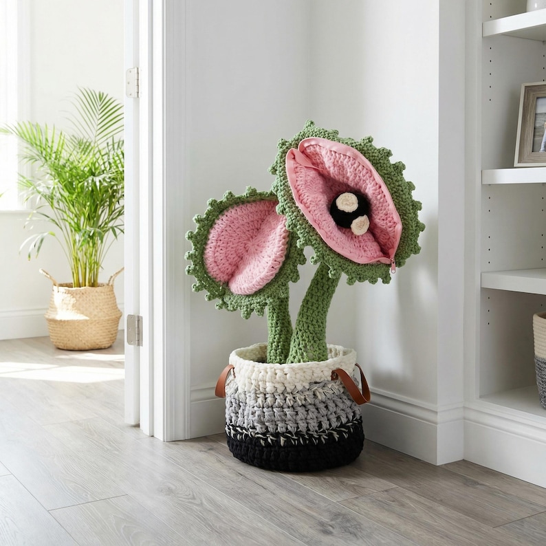 May include: A whimsical, handmade crochet plant with two large, open flower heads. The flowers are pink inside with black and white accents, surrounded by green, scalloped edges. The plant sits in a striped basket with leather handles, adding a touch of playful decor.