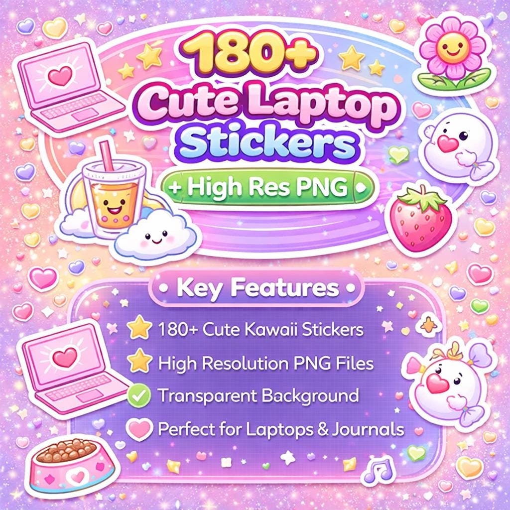 180+ Cute Laptop Stickers PNG Bundle | Kawaii Aesthetic Digital ...