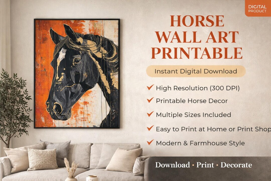 Modern Horse Wall Art Printable, Black White Gold Farmhouse Decor ...
