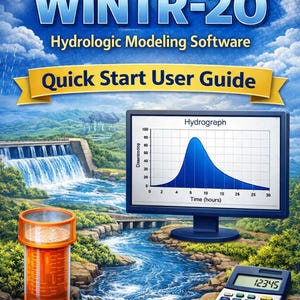 Könnte beinhalten: Digitale Illustration mit einem Computermonitor, der ein Hydrographen, einen Taschenrechner und einen orangefarbenen Behälter zeigt. Das Bild enthält den Text "WINTR-20 Hydrologic Modeling Software Quick Start User Guide" vor dem Hintergrund eines Flusses und Wasserfalls.