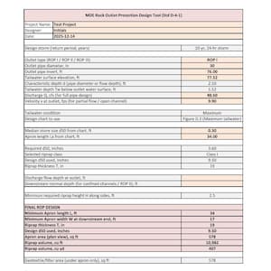 Könnte beinhalten: Datentabelle vom MDE Rock Outlet Protection Design Tool. Die Tabelle enthält Projektdetails, Designparameter und endgültige Designspezifikationen für den Steinauslassschutz. Maße sind in Fuß und Zoll.