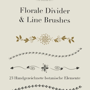 Könnte beinhalten: Digitale Kunstelemente für Procreate, mit floralen Teilern und Linienpinseln. Das Bild zeigt verschiedene botanische Designs in Gold und Schwarz, darunter Blätter, Blumen und dekorative Linien. Der Text lautet "Florale Divider & Line Brushes" und "23 Elements".