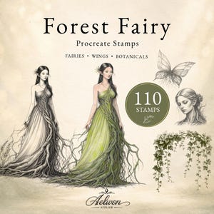 Puede incluir: Una colección digital de 110 sellos para Procreate titulada Forest Fairy, que muestra ilustraciones de figuras con vestidos de textura de raíces, alas de mariposa, un retrato y hiedra colgante, con el texto Forest Fairy Procreate Stamps.