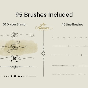 Puede incluir: Imagen que muestra una colección de pinceles digitales. El texto "95 Brushes Included" está en la parte superior. La imagen se divide en dos secciones: "50 Divider Stamps" y "45 Line Brushes", con ejemplos de cada tipo de pincel.