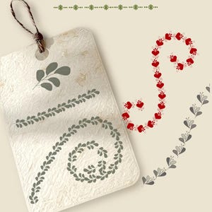 Könnte beinhalten: Ein Bild mit floralen Trenn- und Bordürenpinseln. Die Designelemente umfassen Blatt- und Herzmuster in Grün und Rot. Der Text lautet "Floral Divider & Border Brushes" und "Create Elegant Invitations & Designs 26 Brushes."
