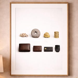 May include: A framed print featuring various objects: seashells, a gray stone, a gold nugget, coins, two brown leather wallets, a card, and a black device. The items are arranged on a white background, creating a minimalist aesthetic.