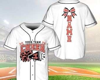 Camisa de beisebol personalizada para líder de torcida, uniforme de líder de torcida com nome personalizado, uniforme vermelho brilhante para equipe de líderes de torcida, megafone com pompons personalizado.