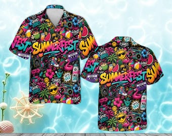 Camisa hawaiana con grafiti para festivales de verano, camisa aloha urbana vibrante, camisa colorida para fiestas en la playa, atuendo unisex para festivales.