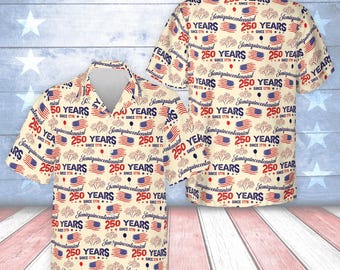 Camisa havaiana comemorativa do 250º aniversário dos EUA, botão de celebração do semiquincentenário, camisa patriótica com a bandeira americana 1776-2026, 250 anos de liberdade.