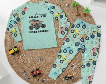 Monster Truck Pajamas, Personalized School Grade PJs Soft Boys, Comfortable Back to School Gift for Family set