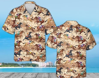 Camisa havaiana vintage de corrida de cavalos puro-sangue, com estampa retrô de cavalos do Derby Day e botões, ideal para fãs de esportes equestres clássicos e da corrida Run For The Roses.