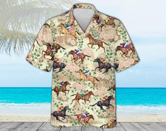 Camisa havaiana vintage de corrida de cavalos, camisa com estampa total de jóquei do Derby Day, roupa retrô equestre de verão, fã da Corrida das Rosas