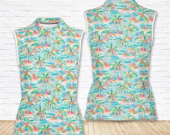Polo marin coquillage, haut sans manches pour vacances à la plage, hippocampe corail aquarelle, vêtements de sport unisexes de style côtier