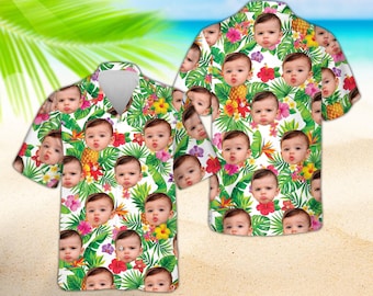 Personalized Hawaiian Shirt with Face, Custom Pineapple Watermelon Shirt, Funny Gift for Dad, Custom Photo Beach Shirt, Men's Summer Top
