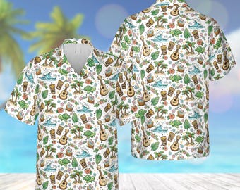 Camisa havaiana com estampa de paisagem de praia, botão vintage dos anos 90 com paisagem tropical, roupa de verão com pôr do sol no oceano, blusa estilo surfista.