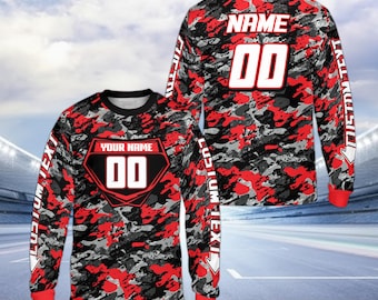 Personalized Red Camo Long Sleeve Shirt, Custom Name and Number Racing Jersey, Unisex Sports Top, Motocross Fan Gift, Custom Team Gear