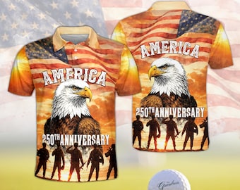 Camisa polo comemorativa do 250º aniversário dos EUA, com águia americana patriótica para golfe, semicentenário dos EUA (1776-2026), homenagem militar ao pôr do sol.