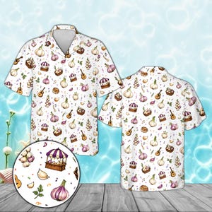 May include: White button-down shirt with a whimsical pattern of garlic bulbs, musical notes, guitars, and small market stalls. The shirt has short sleeves and a relaxed fit, perfect for casual wear.