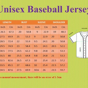 May include: A chart with measurements for a unisex baseball jersey. The chart includes sizes XS to 5XL, with measurements in inches and centimeters for length, bust, sleeve, and shoulder. A diagram of the jersey is on the right.