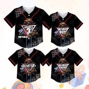 May include: Four black baseball jerseys with red trim and white collars. Each jersey features a monster truck graphic, a triangle with text, and a number. The text includes "JASON'S 3RD BIRTHDAY", "BIRTHDAY BOY", "CUSTOM TEXT", and "BIRTHDAY SQUAD".