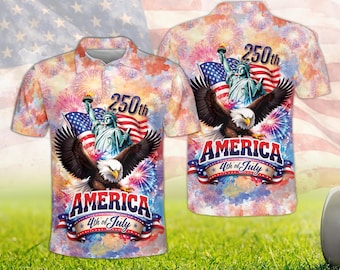 Patriotic 4th of July Polo, American Flag 250th Celebration Shirt, Bald Eagle Statue of Liberty Golf Shirt, US Independence Day Gift
