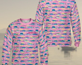 Camisa de pesca personalizada de manga comprida, com estampa de camuflagem rosa personalizada e ideal para pescadores de água salgada, com proteção solar.