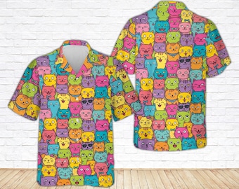 Colorful Cat Print Hawaiian Shirt, Funny Animal Pattern Aloha Shirt, Summer Vacation Beach Wear, Festival Shirt, Gift for Cat Mom Cat Dad