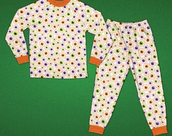 Colorful Eyeball Print Pajamas, Weirdcore Aesthetic Loungewear Set, Creepy Cute Sleepwear, Purple and Orange Spooky PJs, Long PJ Set Unisex