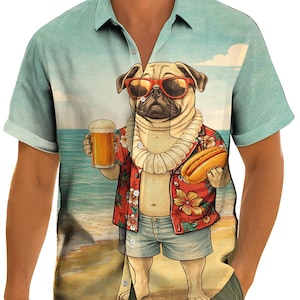 May include: A short-sleeved button-down shirt featuring a cartoon pug wearing sunglasses, a lei, and a Hawaiian shirt. The pug is holding a beer and a hot dog on a beach scene background. The shirt has a light blue background.