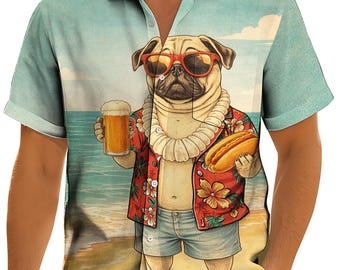 Camisa havaiana engraçada com bolso para churrasco na praia com pug, camisa de botão para férias de verão com pug, roupa tropical com cachorro-quente e cerveja, presente original para amantes de cães