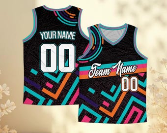 Camiseta de baloncesto personalizada con nombre y número del equipo, uniforme deportivo retro con estampado geométrico de los 90, camiseta sin mangas de malla estilo streetwear colorida